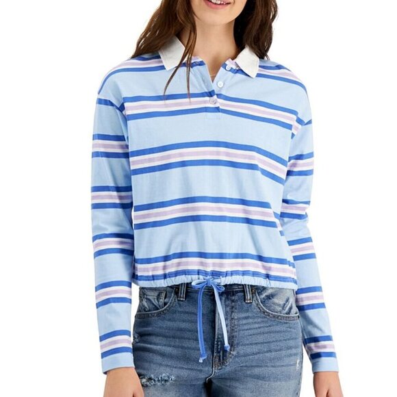 Crave Fame Juniors' Size XL Blue Striped Tie-Hem Long Sleeve Polo Shirt NWT - Picture 1 of 4